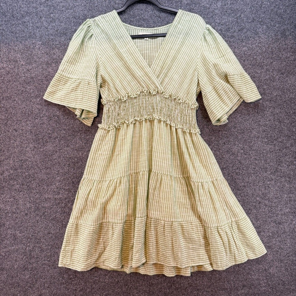 Max Studio Dress Womens S Green Striped V-Neck Tiered Boho Cottagecore Milkmaid